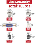 All In One Furniture Connector Kit With Cam Lock Fasteners And Eccentric Wheel Screws Bolts, parts labeled with sizes and quantities