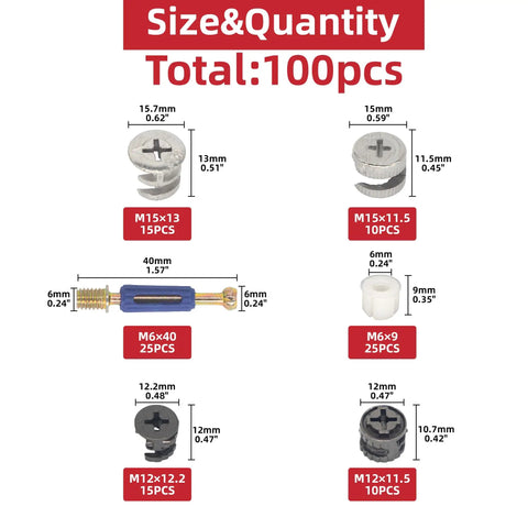 All In One Furniture Connector Kit With Cam Lock Fasteners And Eccentric Wheel Screws Bolts, parts labeled with sizes and quantities