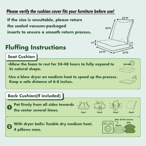 Instruction guide for Beige Outdoor Seat Cushion 24 By 24 Inch Waterproof And Fade Resistant Deep Seat And Back Cushion.