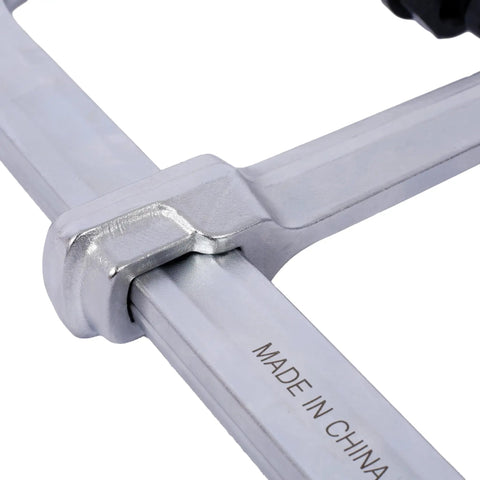 Close-up of Heavy Duty F Clamp With Removable Swivel Pads And Deep 8 Inch Jaw for welding and woodworking projects.