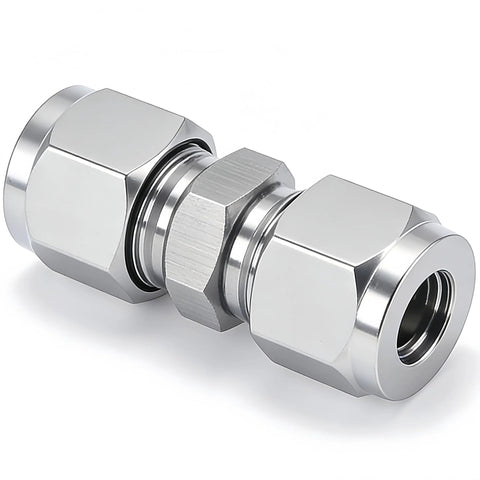 Side view of Closmos 304 stainless steel compression tube union with double ferrules, 1/8" OD x 1/8" OD, pack of 2