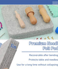 Felting Kit for DIYers and Crafters Includes 6x6 Felt Pad, 40 Assorted Needles, wooden handles on a felt pad with details