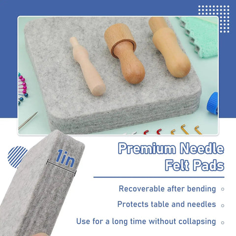 Felting Kit for DIYers and Crafters Includes 6x6 Felt Pad, 40 Assorted Needles, wooden handles on a felt pad with details