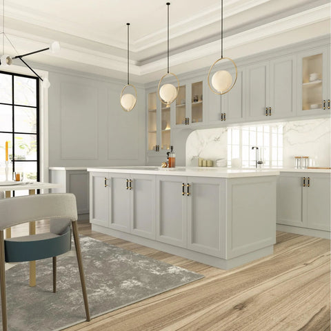 Modern kitchen with gray cabinets featuring 10 Pack 3 Inch Matte Black And Brass Cabinet Handles Drawer Pulls for Dresser And Kitchen Cabinets