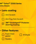 3M™ Solus™ 2000 Series Safety Glasses lens features including anti-fog and scratch resistance. Ideal for clear vision.
