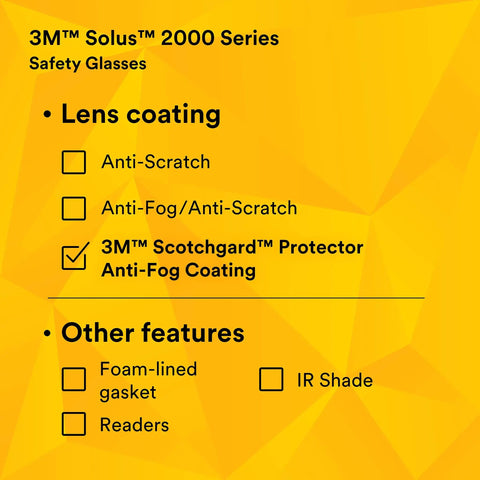 3M™ Solus™ 2000 Series Safety Glasses lens features including anti-fog and scratch resistance. Ideal for clear vision.