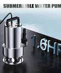 Heavy Duty 1.6 HP Submersible Sump Pump Boasts Wicked High Flow And Rustproof Stainless Steel Build, Effortlessly Kicks Out Standing Water At 5500 GPH While Pumping Fresh Flow Up To 30 Feet Smoothly. Pump on a textured surface with power cord.
