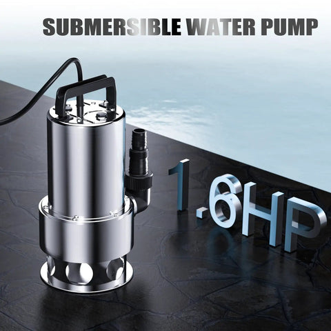 Heavy Duty 1.6 HP Submersible Sump Pump Boasts Wicked High Flow And Rustproof Stainless Steel Build, Effortlessly Kicks Out Standing Water At 5500 GPH While Pumping Fresh Flow Up To 30 Feet Smoothly. Pump on a textured surface with power cord.