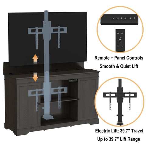 Hidden Motorized TV Lift Cabinet For 55 To 65 Inch Televisions With Storage And Remote Control In A Slick Modern Walnut Finish