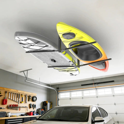 Ceiling Kayak Storage Rack For Garage Heavy Duty Overhead Kayak Hanger Holds Two Kayaks Snowboards Surfboards Paddleboards And SUPs