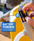 Heavy Duty Battery Powered Gas Transfer Pump With Smart Auto Shut Off No Drip Siphon Hose showing AA battery compartment for power.