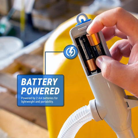 Heavy Duty Battery Powered Gas Transfer Pump With Smart Auto Shut Off No Drip Siphon Hose showing AA battery compartment for power.
