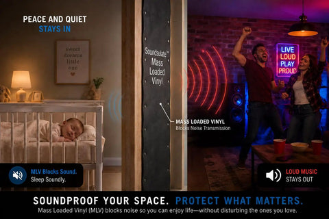Premium Mass Loaded Vinyl Soundproofing Rolls Heavy Hitter Noise Blocking Barrier for Walls Ceilings displayed with happy people and sleeping baby.