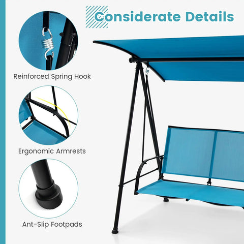 Outdoor Patio Swing For Two With Adjustable Canopy Heavy Duty Metal Frame Breathable Seat Fabric Cozy Loveseat Swing For Backyard Balcony And Poolside Chill Vibe And Relaxation, showing reinforced spring hook, ergonomic armrests, and anti-slip footpads in navy color.