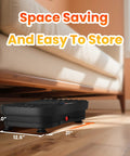 Vibration Plate Fitness Platform For Full Body Workout stored under a couch measuring 21 inches wide, 12.6 inches deep, 7 inches tall.