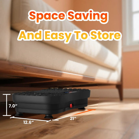 Vibration Plate Fitness Platform For Full Body Workout stored under a couch measuring 21 inches wide, 12.6 inches deep, 7 inches tall.