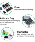 Uno Project Super Starter Kit For Beginners With A 22 Lesson PDF Tutorial, showing foam, antistatic, and plastic bags for protection.