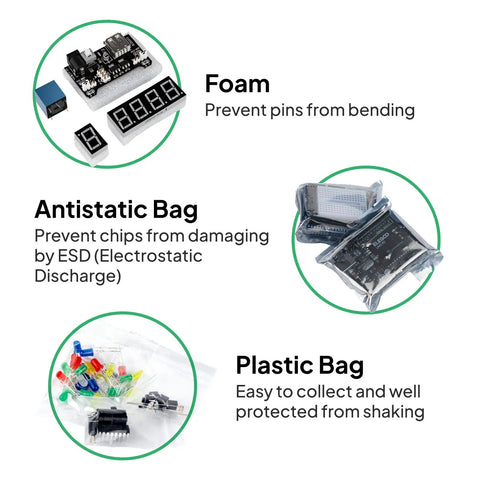 Uno Project Super Starter Kit For Beginners With A 22 Lesson PDF Tutorial, showing foam, antistatic, and plastic bags for protection.