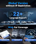 Global version OBD2 Touchscreen All In One Diagnostic Scanner showing language support and wide car coverage.