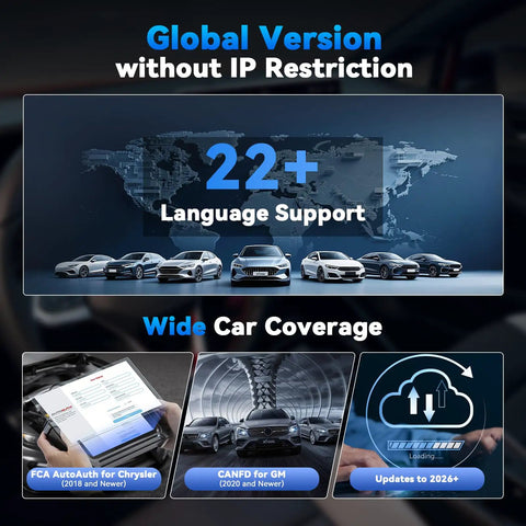 Global version OBD2 Touchscreen All In One Diagnostic Scanner showing language support and wide car coverage.