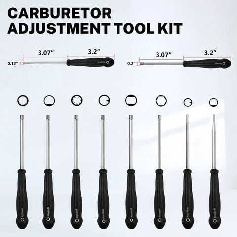 Carburetor Adjustment Tool Kit with multiple tools and varying lengths for precise adjustment of carburetors.