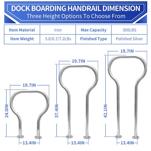 Rock Solid Boat Dock Handrail Heavy Duty Safety Grab Bar For Marina Deck 24 Inch Marine Boarding Railing dimensions and height options.