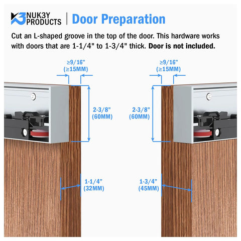 Concealed Sliding Barn Door Hardware Kit With Soft Close For 42 Inch Track installation guide showing door preparation dimensions.