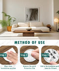 Three-step installation guide for Eight Pack Self Adhesive Caster Wheels For Kitchen Appliances, 360 Degree Swivel Universal Rollers, Heavy Duty Stainless Bead And ABS Casters, White, Easy Glide For Medium Appliances And Storage Bins.
