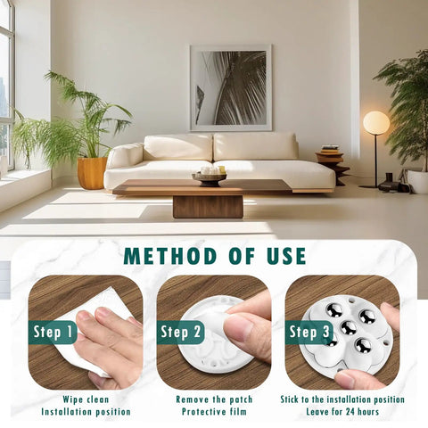 Three-step installation guide for Eight Pack Self Adhesive Caster Wheels For Kitchen Appliances, 360 Degree Swivel Universal Rollers, Heavy Duty Stainless Bead And ABS Casters, White, Easy Glide For Medium Appliances And Storage Bins.