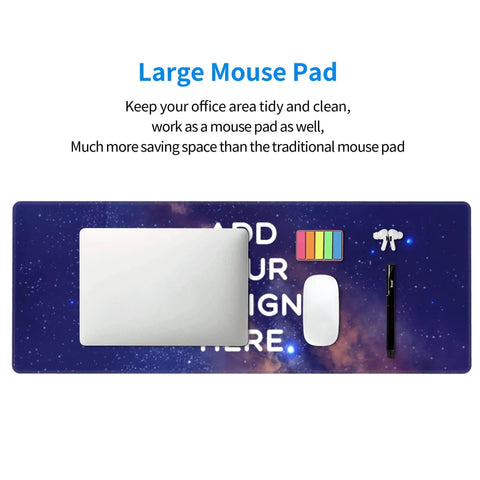 Custom Large Desk Pad With Photo And Text Personalization Non Slip Mouse Mat For Computer And Office Upload Your Picture Or Logo Extra Large 12In By 31In Durable Rubber Surface For Smooth Glide featuring a stylish photo design with office accessories.