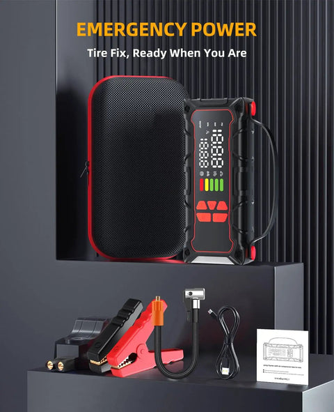 Beast Mode Jump Starter With Built In Air Compressor 160 PSI Car Battery Charger on display with accessories and carrying case