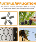 Rugged PVC Coated Stainless Steel Wire Rope Kit 50 Ft For Deck Railing image showing sleeves, grapevine, netting, and tent use
