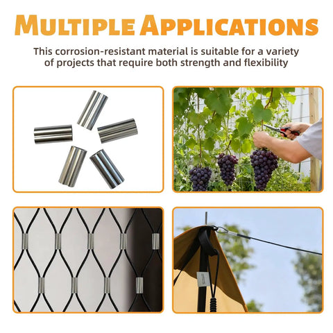 Rugged PVC Coated Stainless Steel Wire Rope Kit 50 Ft For Deck Railing image showing sleeves, grapevine, netting, and tent use