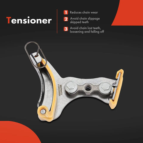 Engine Timing Chain Kit tensioner for Chevy Silverado, GMC Sierra. Metal component displayed with safety latch, close-up view.