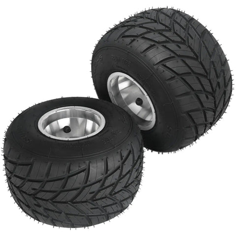 Two 11x7.10-5 black racer tires with 5 inch wheels for Heavy Duty 32 Inch Go Kart Rear Live Axle Kit with tread pattern visible.