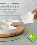 Top Shelf Large Round Ceramic Taco Lazy Susan Rotating Serving Tray With Six Heavy Duty Bowls showcasing refilling bowls on a bamboo base.