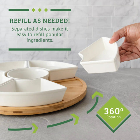 Top Shelf Large Round Ceramic Taco Lazy Susan Rotating Serving Tray With Six Heavy Duty Bowls showcasing refilling bowls on a bamboo base.