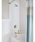 Bathroom with Colony Pro Tub And Shower Trim Kit With Cartridge 1.75 GPM Brushed Nickel Finish and ceramic pressure balance cartridge