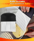Front view of large crinkle cutter with ergonomic black handle and ribbed stainless blade for potatoes and vegetables.