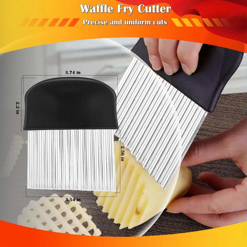 Front view of large crinkle cutter with ergonomic black handle and ribbed stainless blade for potatoes and vegetables.