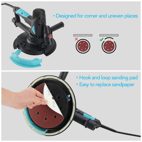 Powerful Drywall Sander With Vacuum Handheld 720W 7 Inch Sander showing detachable edge and sanding pad replacement