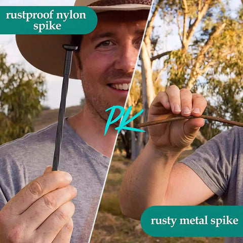 Comparison of rustproof nylon spike and rusty metal spike for heavy duty stakes use in landscape anchoring paver edging.
