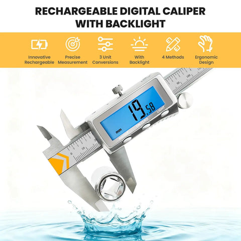 Rechargeable Caliper With Backlit LCD Screen And Auto Off measuring bolt with splash, Stainless Steel Vernier Caliper