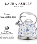 Laura Ashley stovetop kettle with blue floral design, featuring a 5-layer encapsulated base and cool-touch handle