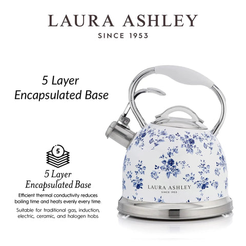 Laura Ashley stovetop kettle with blue floral design, featuring a 5-layer encapsulated base and cool-touch handle