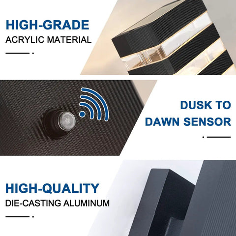 Dusk To Dawn Sensor Outdoor Wall Light Up Down Exterior Fixture Waterproof Black Aluminum Housing detail of materials and sensor