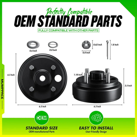 EZGO Golf Cart Brake Drum Hub Assembly Replacement For TXT PDS 1982 Up Electric And 1982-1993 2-Cycle Gas Models OEM 19186G1P front and side view with dimensions