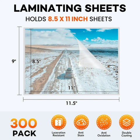 Hella Durable Thermal Laminating Pouches 300 Pack 3 Mil Full Letter Size 9 X 11 5 Inches Crystal Clear Glossy Finish on snowy road.