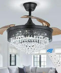 42 Inch Modern Crystal Ceiling Fan Lights With Remote And App Control Two In One Dimmable LED Chandelier Style, shown in living room