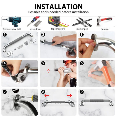 Installation steps for 16 Inch Shower Grab Bars For Bathroom Safety With Anti Slip Handles For Elderly Seniors Handicap And Pregnant Women, Rustproof Stainless Steel, Gray 2 Pack, Non Slip Grips For Wet Bathrooms.